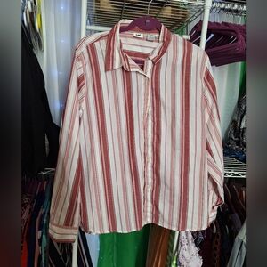 LEE SIZE LARGE BUTTON DOWN LONG SLEEVE TOP SALMON PINK AND WHITE STRIPED
